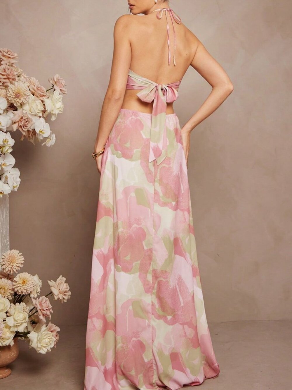 Multicolor Boho Women's Floral Print Halter sleeveless Maxi Dress - Picture 2 of 5